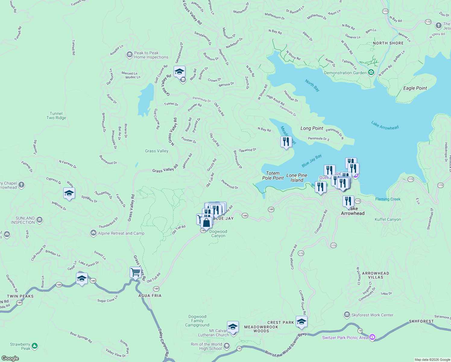 map of restaurants, bars, coffee shops, grocery stores, and more near 27334 Pinewood Drive in Lake Arrowhead