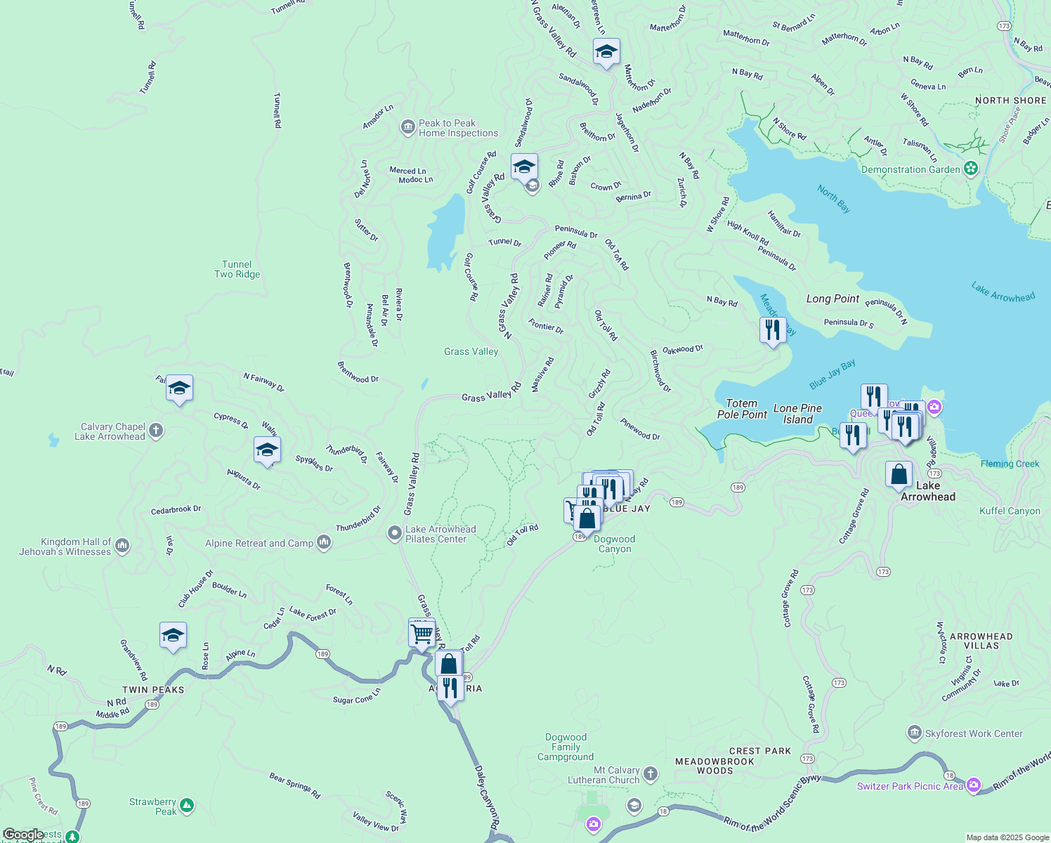 map of restaurants, bars, coffee shops, grocery stores, and more near 27020 Everest Road in Lake Arrowhead