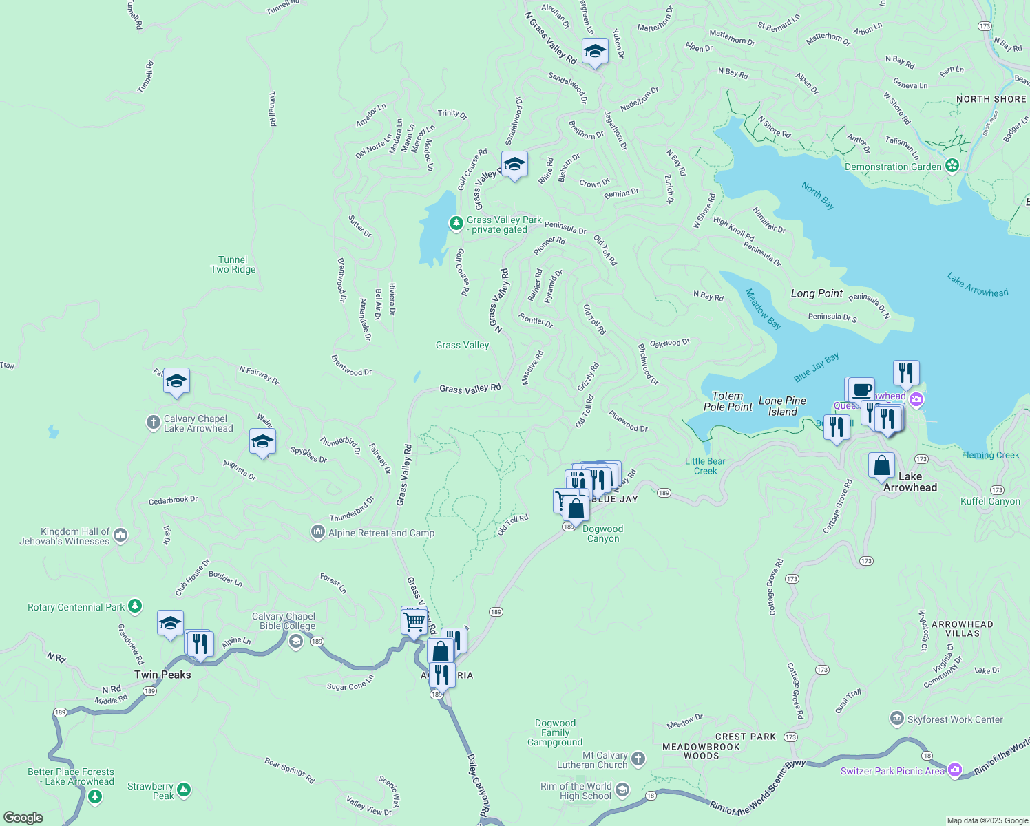 map of restaurants, bars, coffee shops, grocery stores, and more near 27020 Everest Road in Lake Arrowhead
