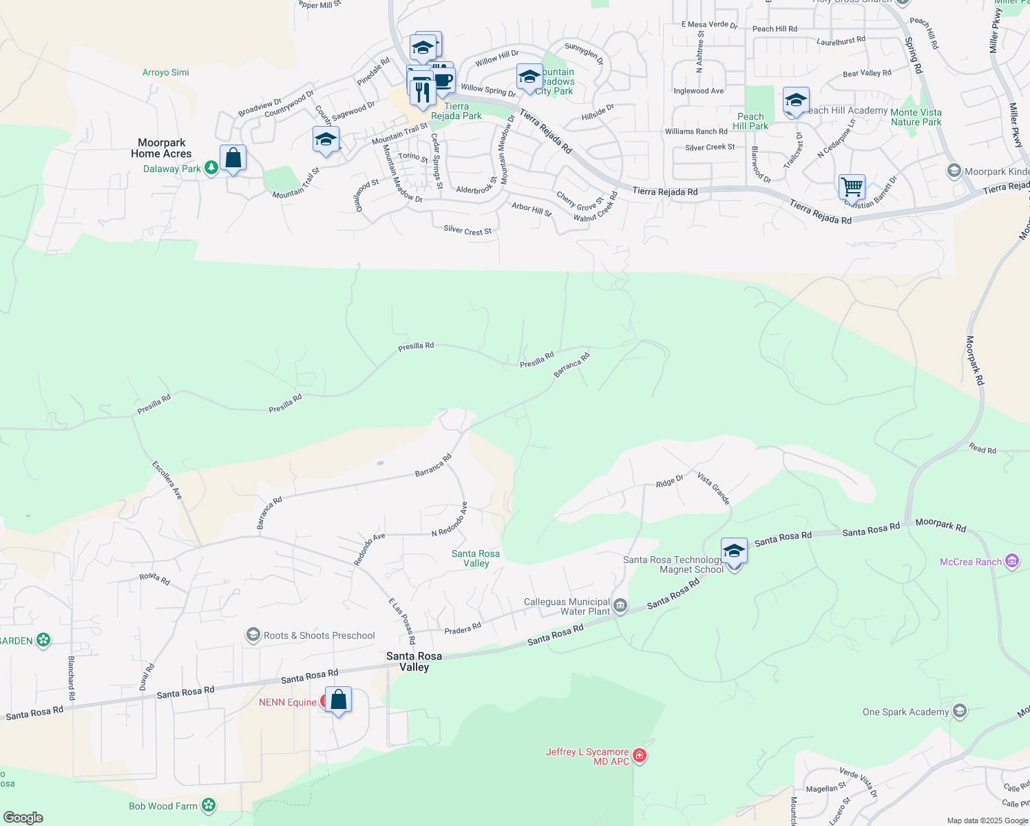 map of restaurants, bars, coffee shops, grocery stores, and more near 12060 Barranca Road in Santa Rosa Valley
