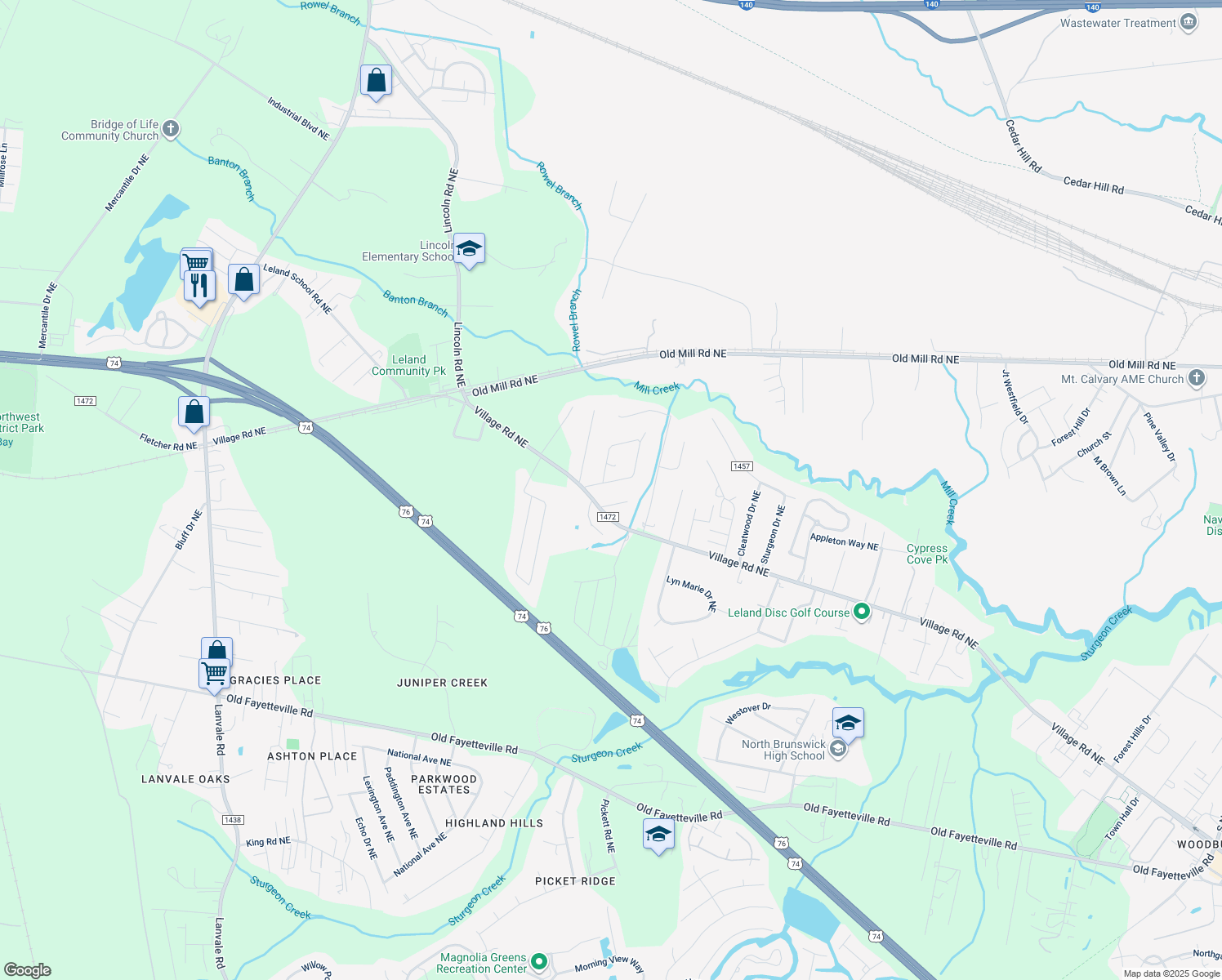 map of restaurants, bars, coffee shops, grocery stores, and more near 9532 Blake Circle Northeast in Leland