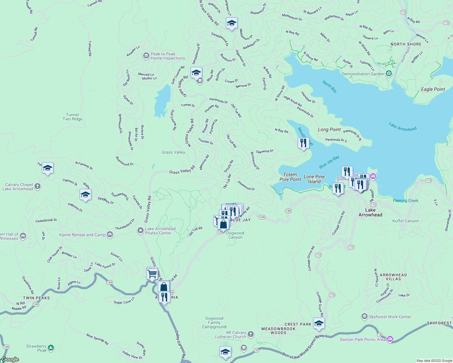 map of restaurants, bars, coffee shops, grocery stores, and more near 114 Old Toll Road in Lake Arrowhead