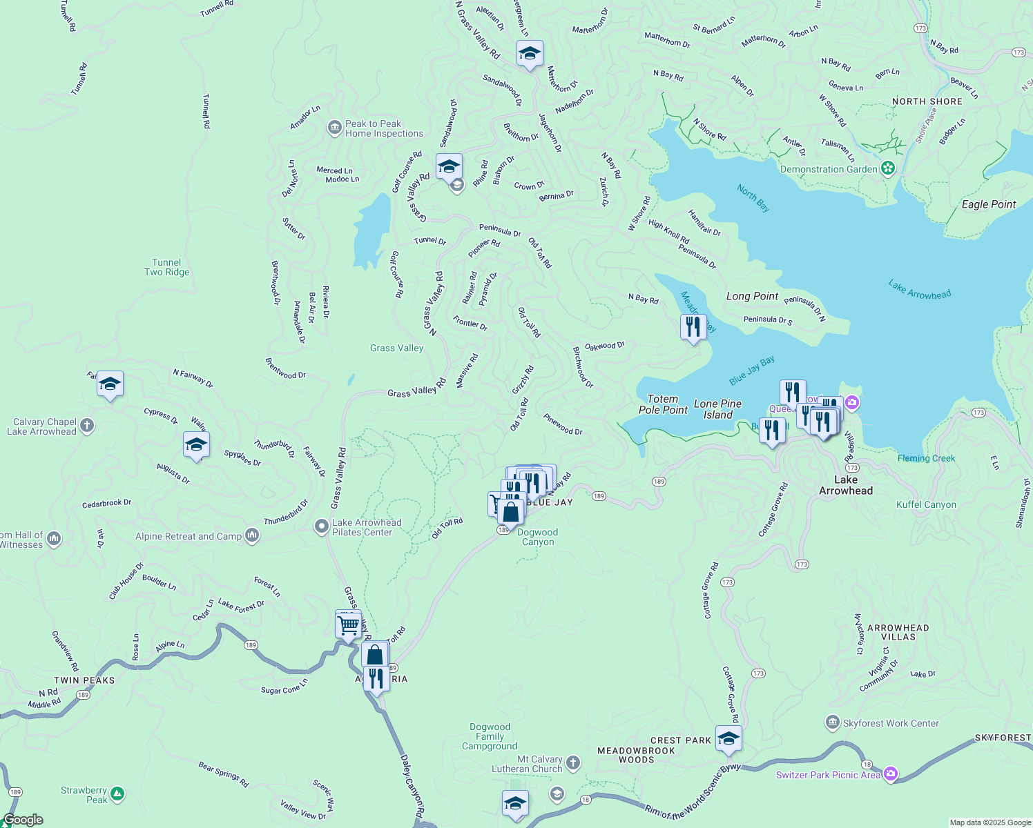 map of restaurants, bars, coffee shops, grocery stores, and more near 114 Old Toll Road in Lake Arrowhead