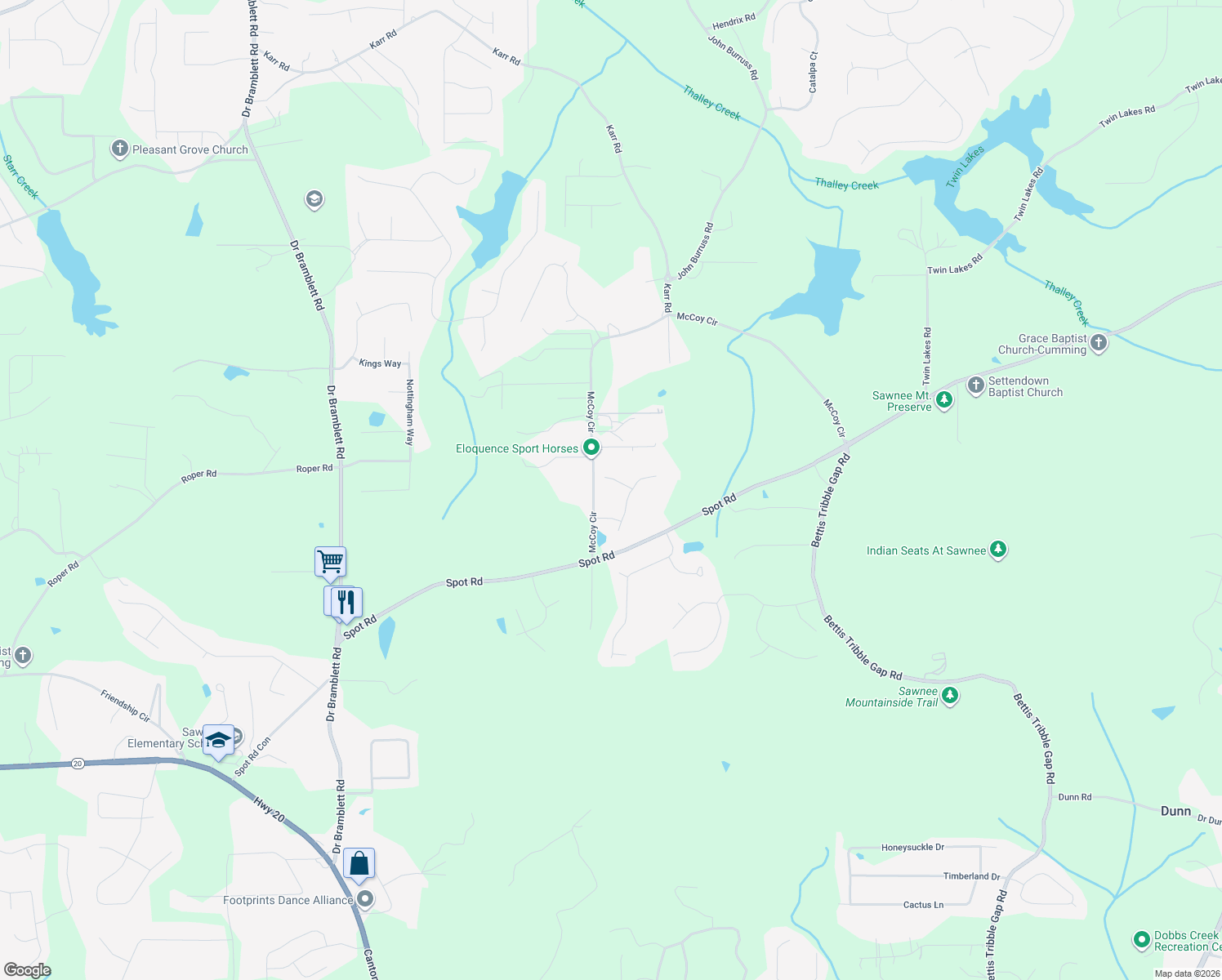 map of restaurants, bars, coffee shops, grocery stores, and more near 5345 Jess-Britt Court in Cumming