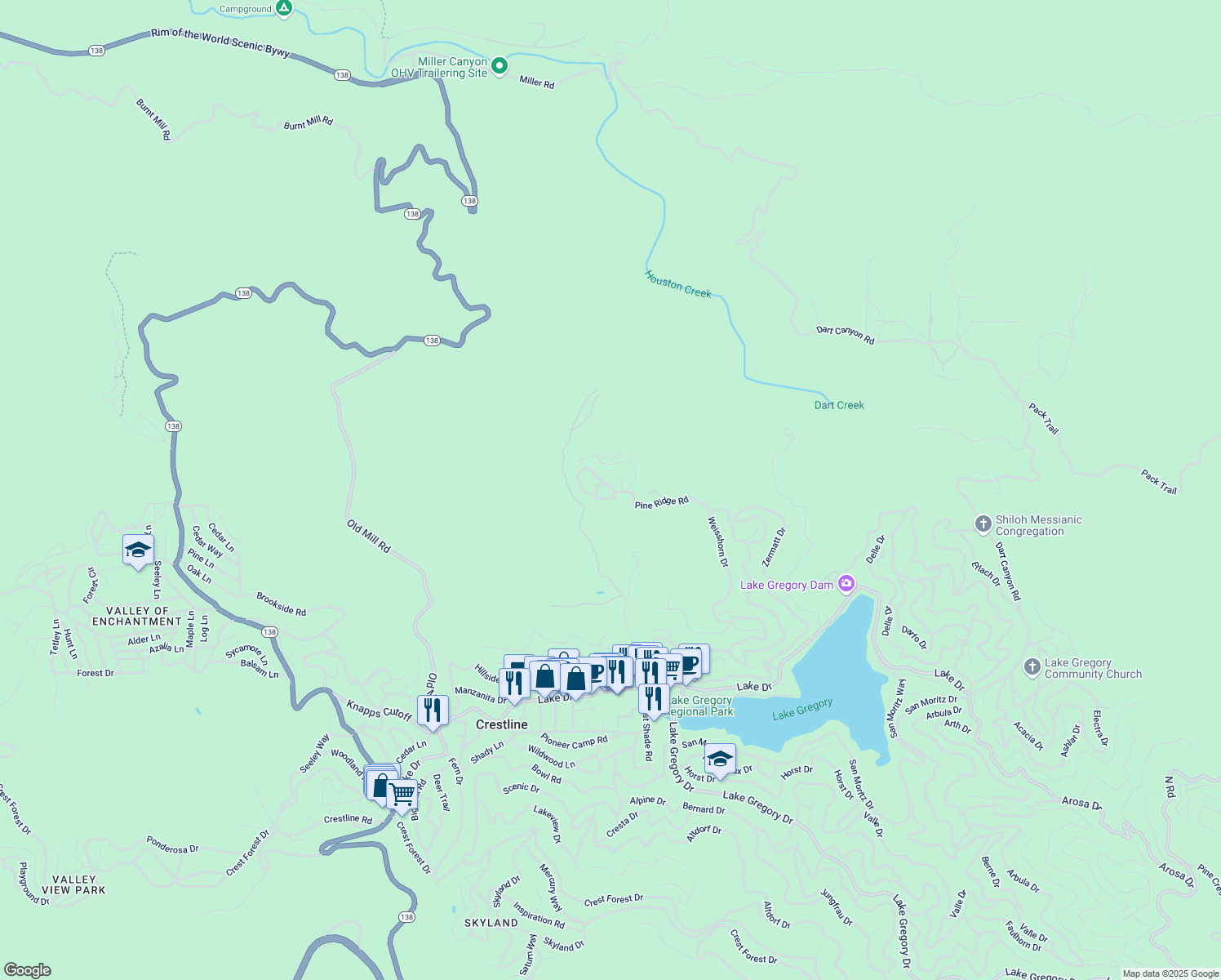 map of restaurants, bars, coffee shops, grocery stores, and more near 130 Cedar Lane Road in Crestline