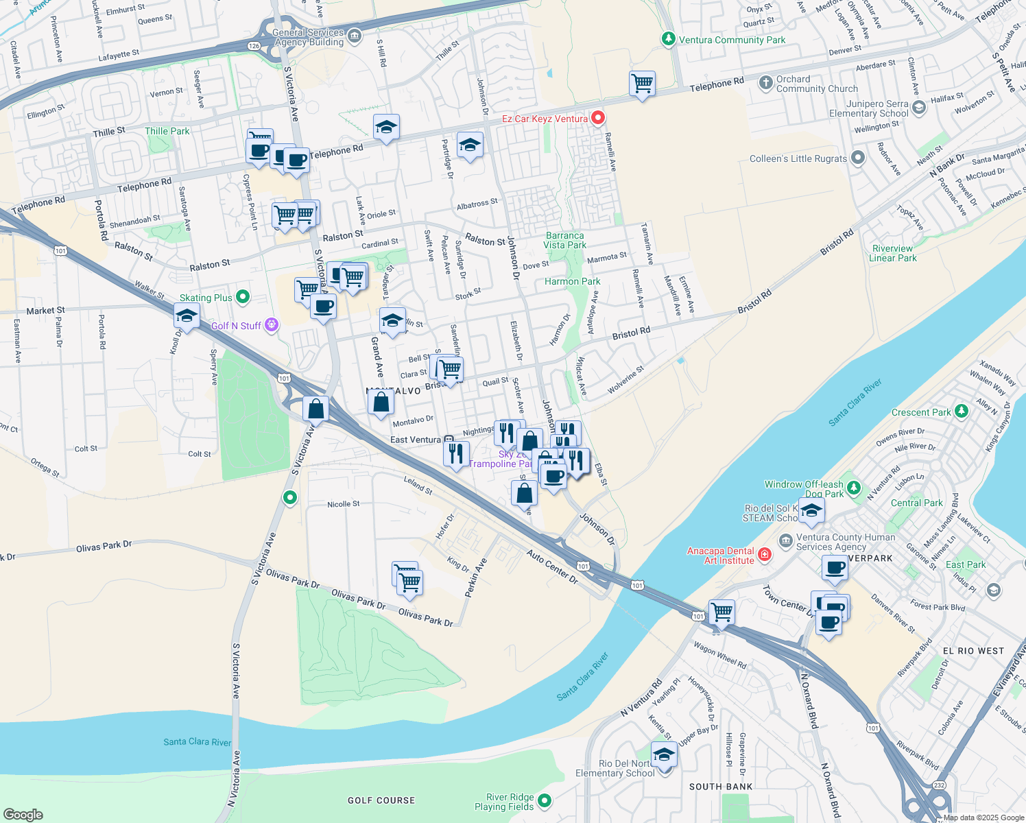 map of restaurants, bars, coffee shops, grocery stores, and more near 2526 Waxwing Avenue in Ventura