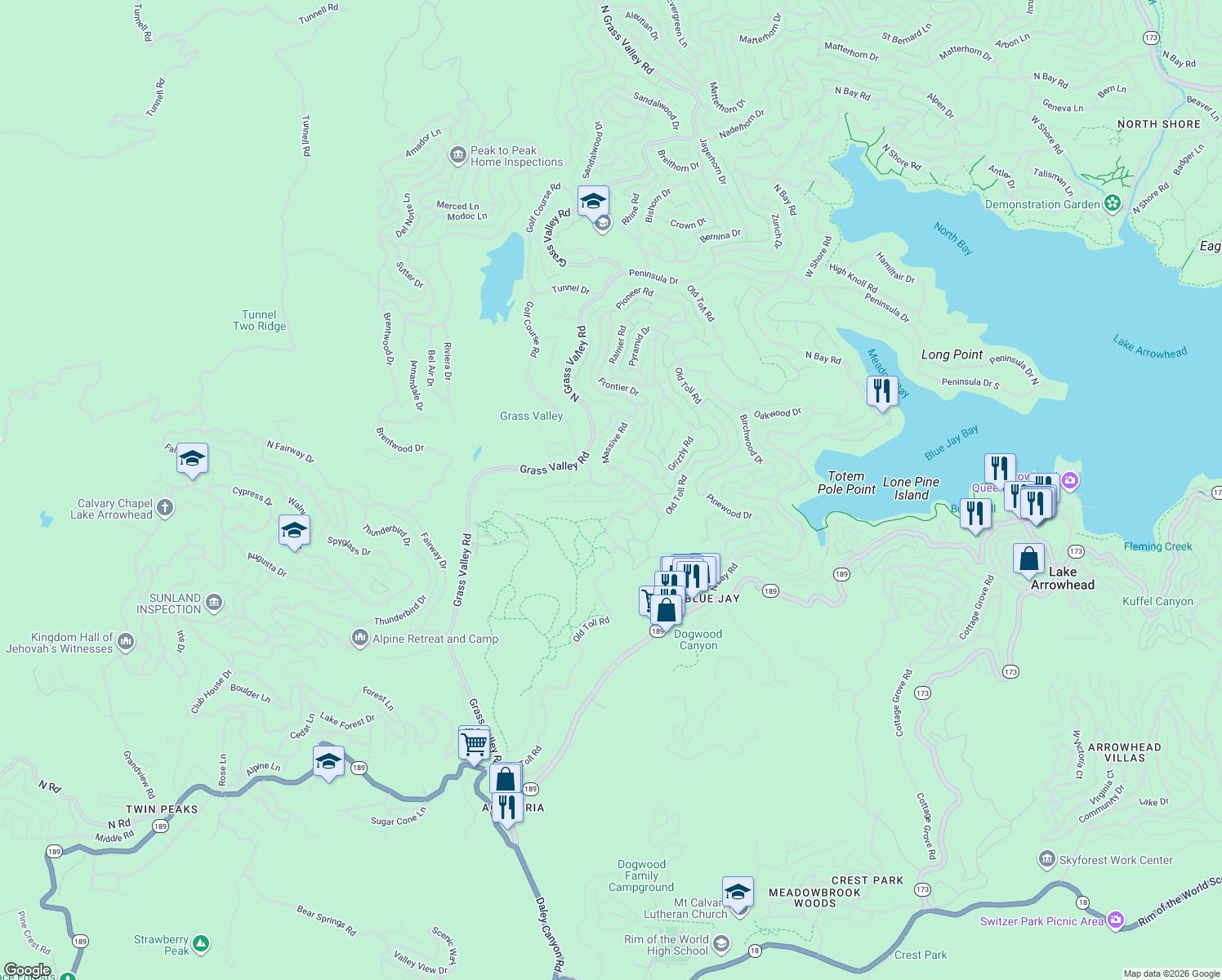 map of restaurants, bars, coffee shops, grocery stores, and more near 171 Golf Course Road in Lake Arrowhead