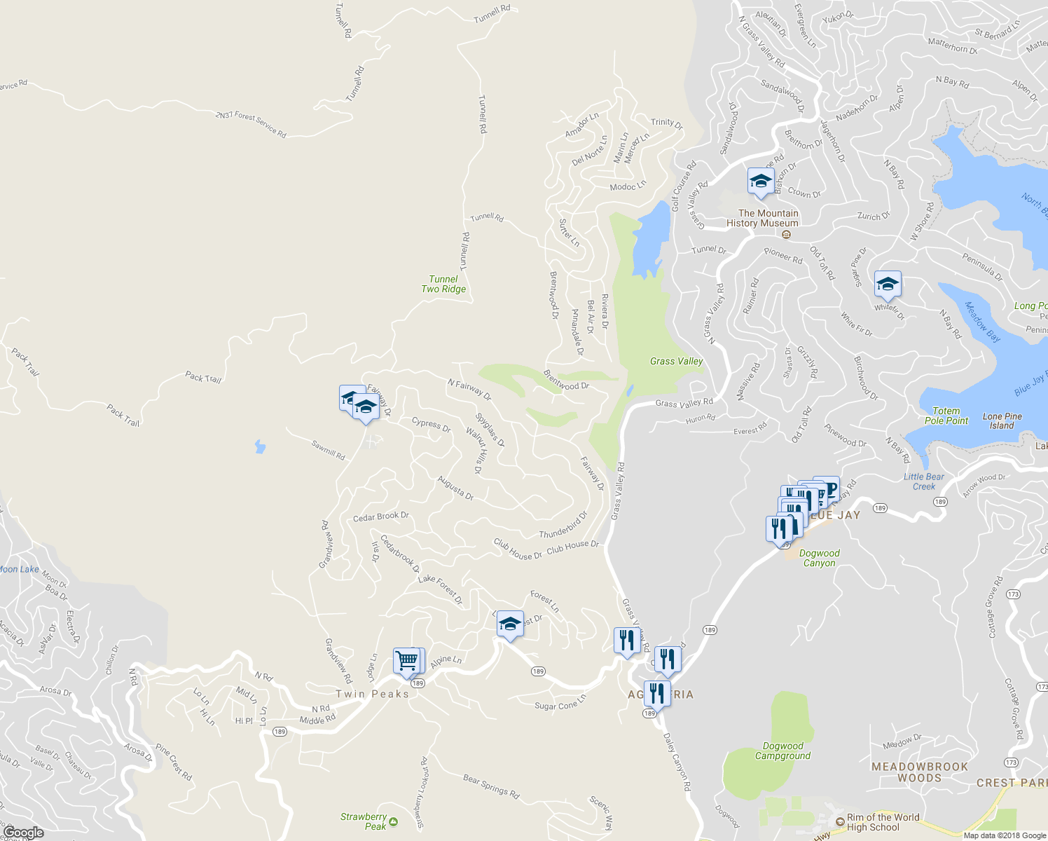 map of restaurants, bars, coffee shops, grocery stores, and more near 125 Fairway Drive in Lake Arrowhead