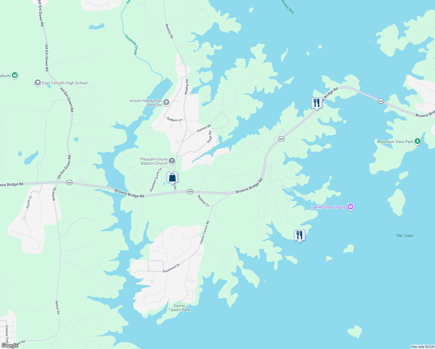 map of restaurants, bars, coffee shops, grocery stores, and more near 8425 Emerald Pointe Ln in Gainesville