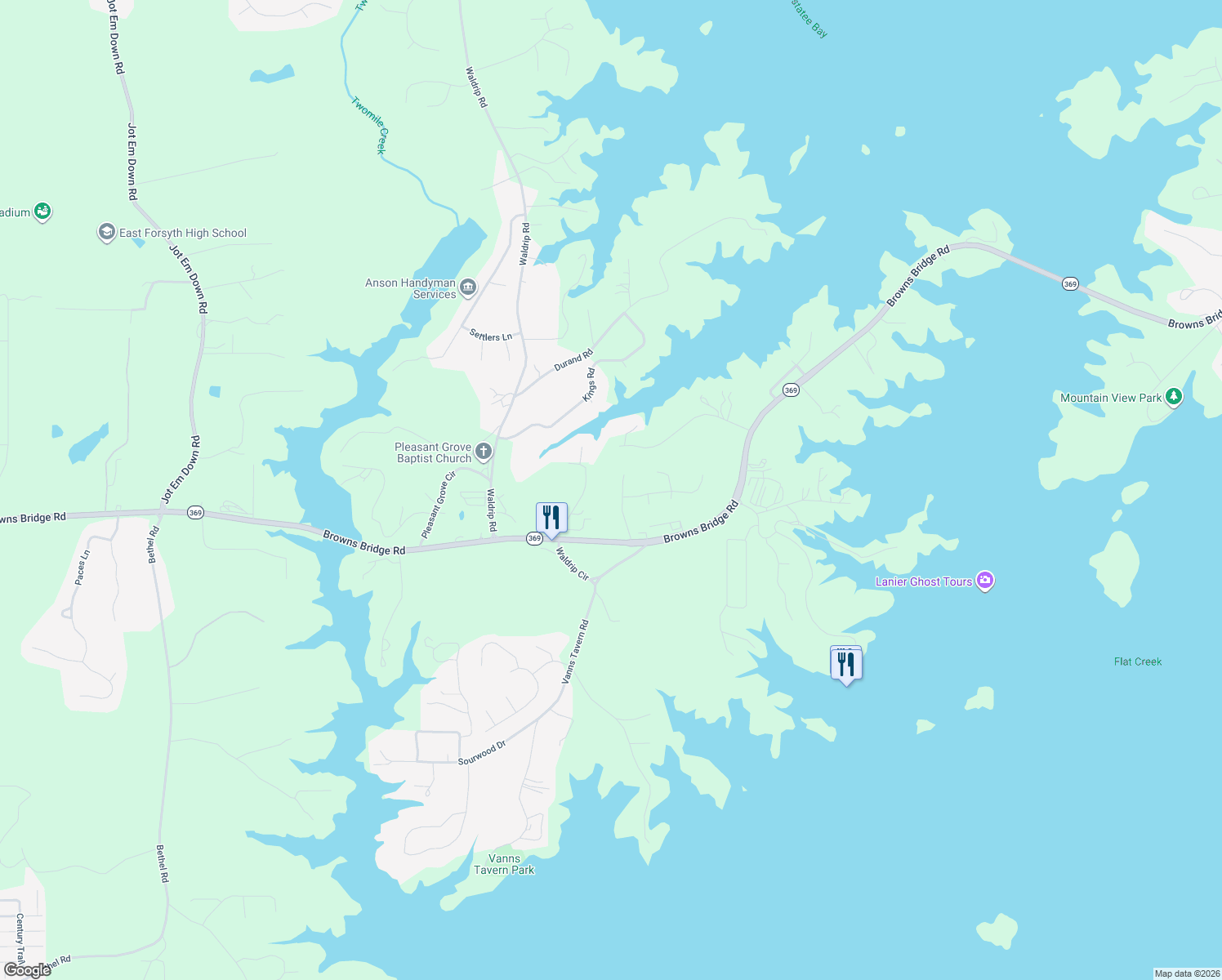 map of restaurants, bars, coffee shops, grocery stores, and more near 8425 Emerald Pointe Lane in Gainesville