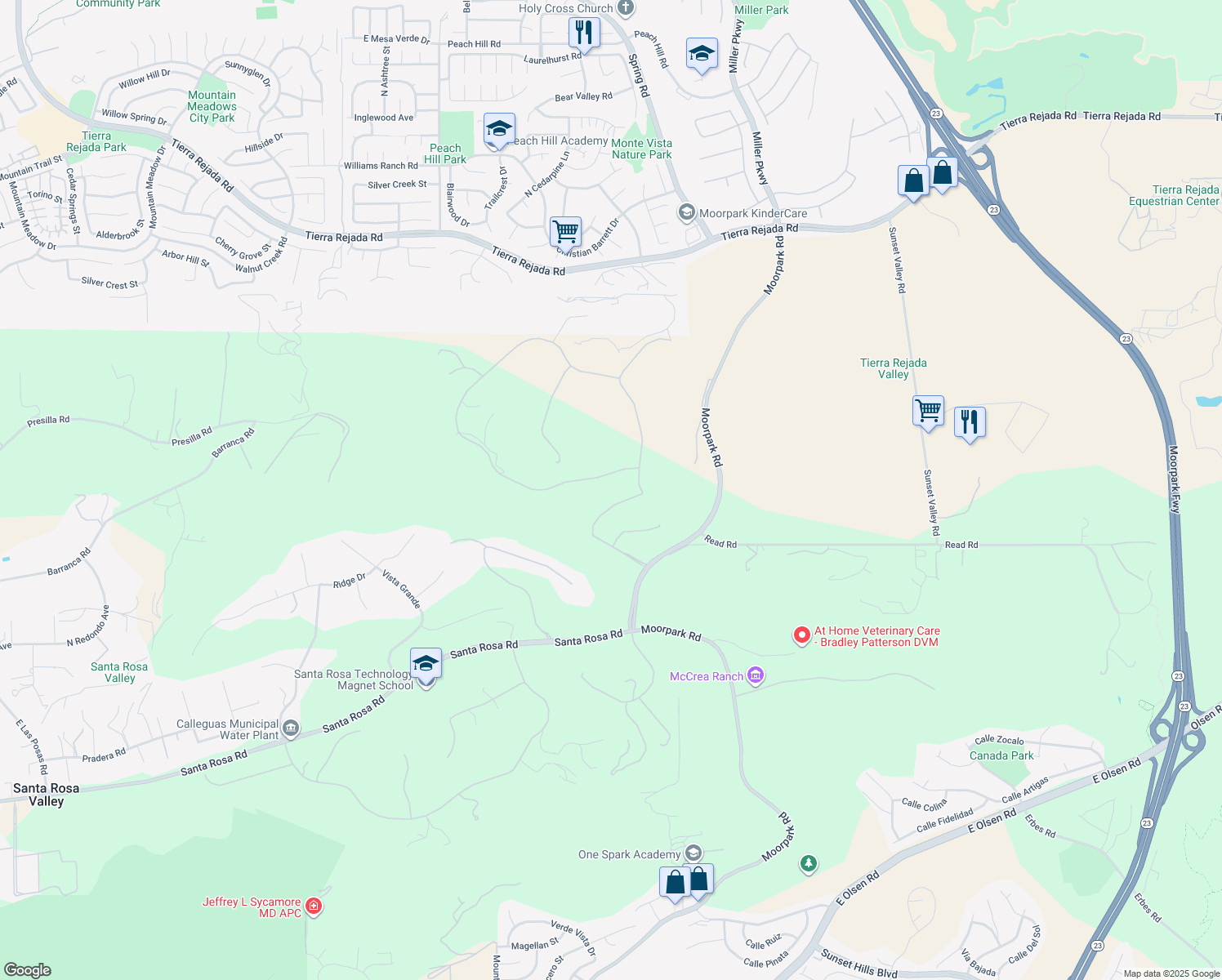 map of restaurants, bars, coffee shops, grocery stores, and more near 13226 Nightsky Drive in Santa Rosa Valley