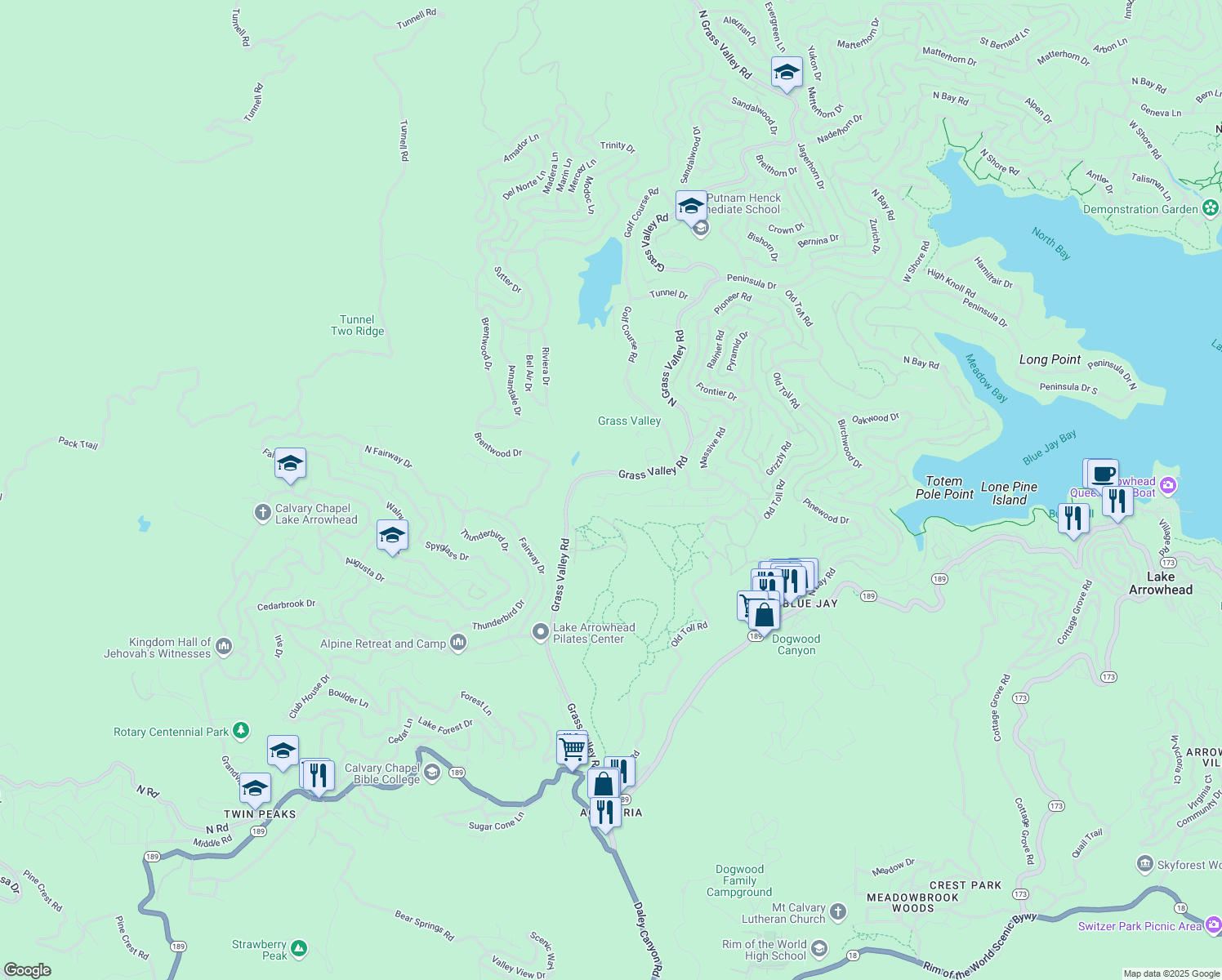 map of restaurants, bars, coffee shops, grocery stores, and more near 26838 Huron Road in Lake Arrowhead