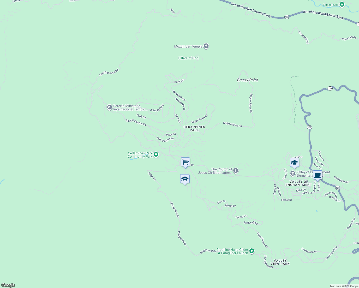 map of restaurants, bars, coffee shops, grocery stores, and more near 21858 Fern Canyon Road in Crestline