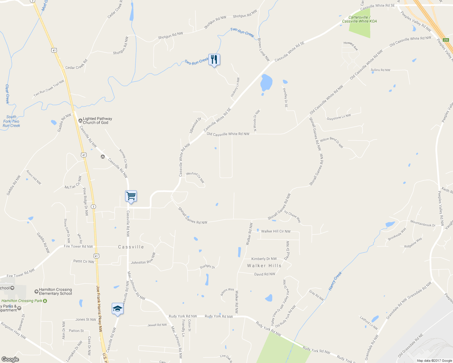 map of restaurants, bars, coffee shops, grocery stores, and more near 48 Saddle Field Circle Northwest in Cartersville