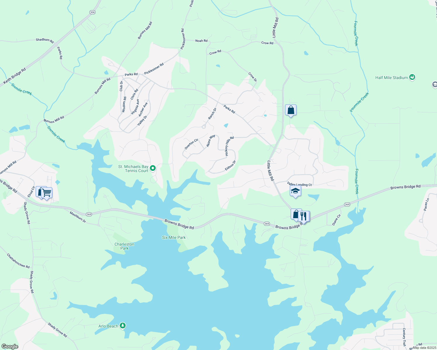 map of restaurants, bars, coffee shops, grocery stores, and more near 6375 Eidson Drive in Cumming