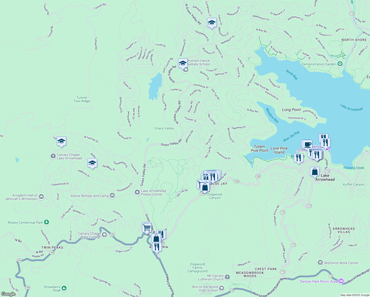 map of restaurants, bars, coffee shops, grocery stores, and more near 179 Golf Course Road in Lake Arrowhead