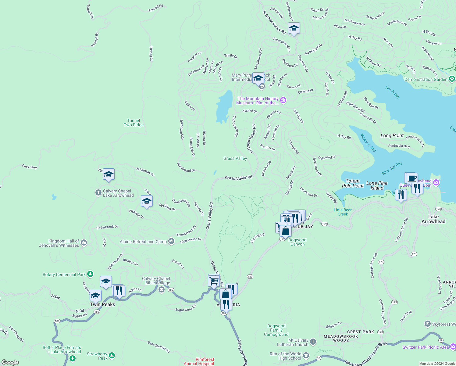map of restaurants, bars, coffee shops, grocery stores, and more near 26838 Huron Road in Lake Arrowhead