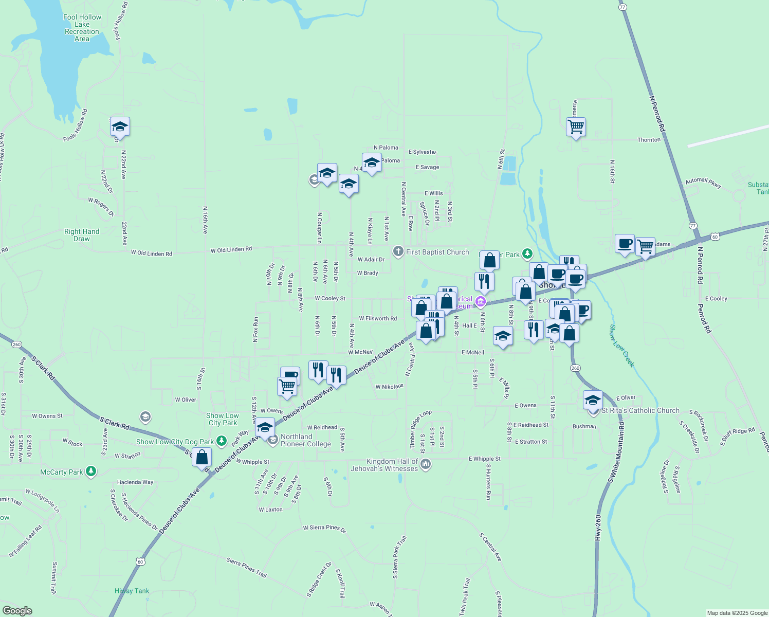map of restaurants, bars, coffee shops, grocery stores, and more near 301 N 1st Dr in Show Low