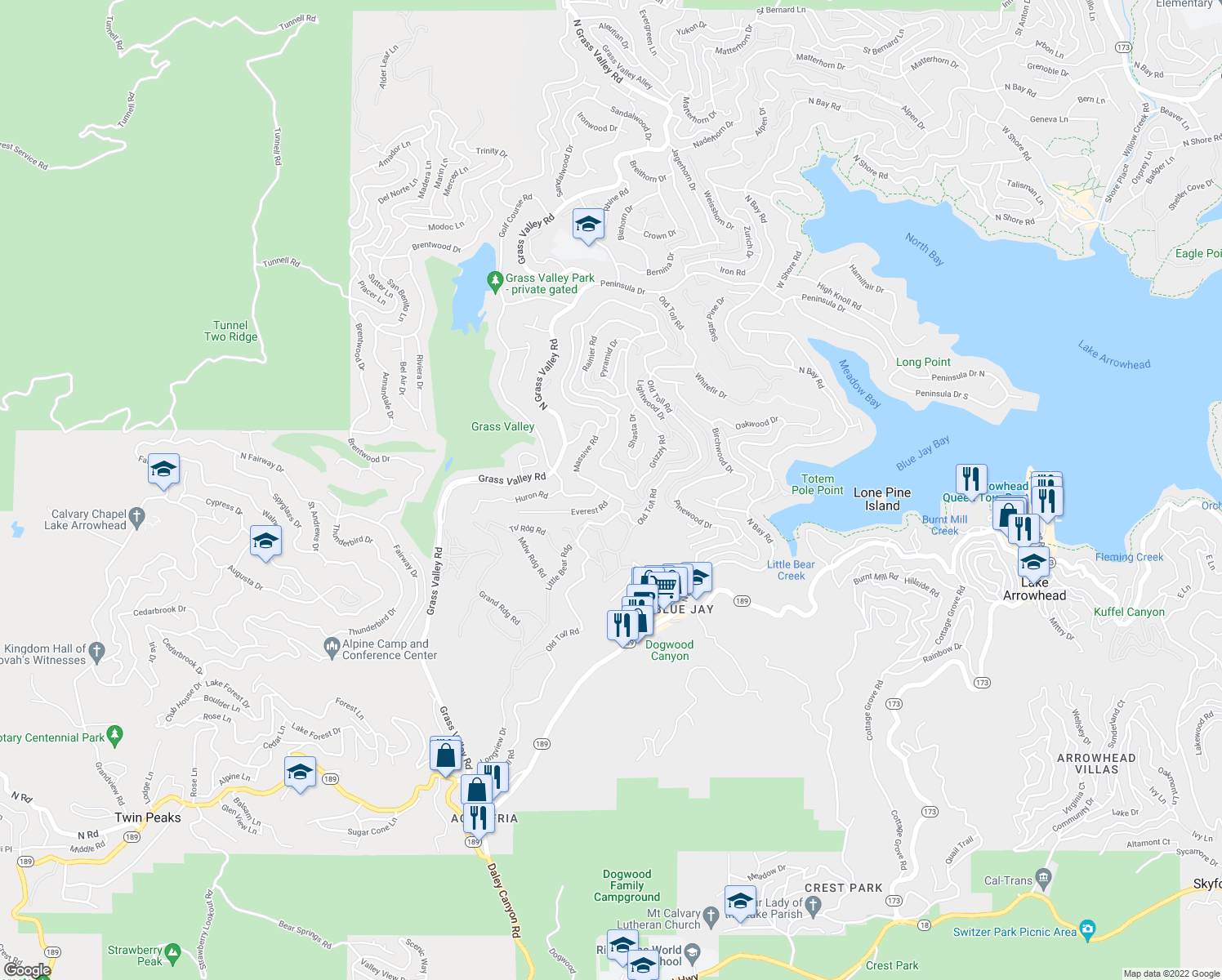 map of restaurants, bars, coffee shops, grocery stores, and more near 143 Golf Course Road in Twin Peaks