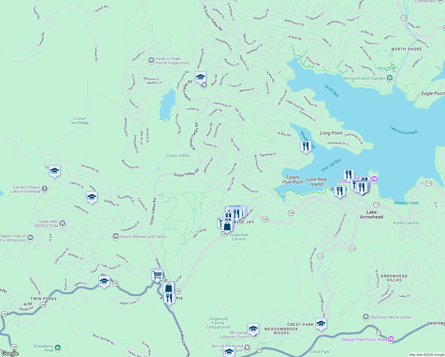 map of restaurants, bars, coffee shops, grocery stores, and more near 173 Grizzly Road in Lake Arrowhead