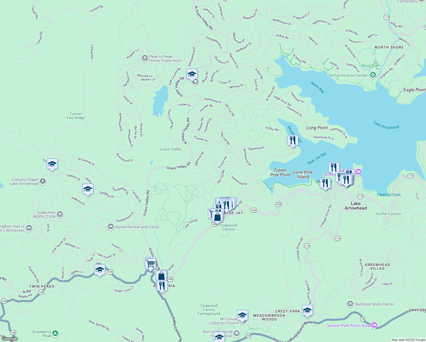 map of restaurants, bars, coffee shops, grocery stores, and more near 185 Grizzly Road in Lake Arrowhead