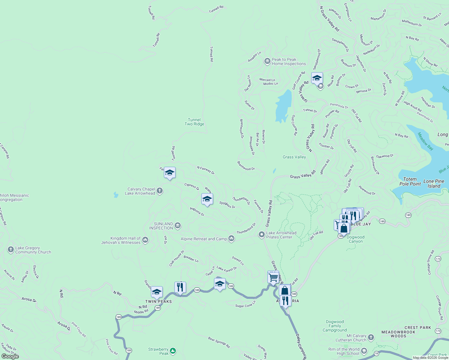 map of restaurants, bars, coffee shops, grocery stores, and more near 125 Fairway Drive in Lake Arrowhead