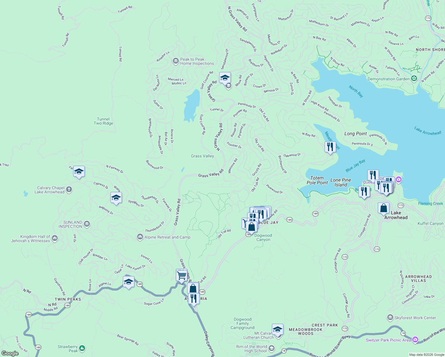 map of restaurants, bars, coffee shops, grocery stores, and more near 27000 Huron Road in Lake Arrowhead