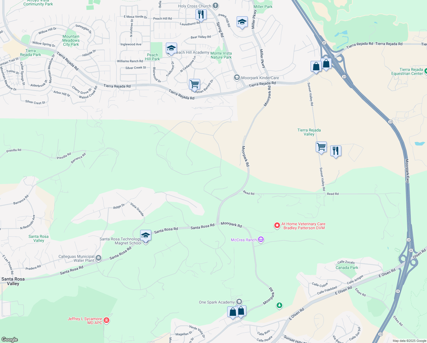 map of restaurants, bars, coffee shops, grocery stores, and more near 13226 Nightsky Drive in Santa Rosa Valley