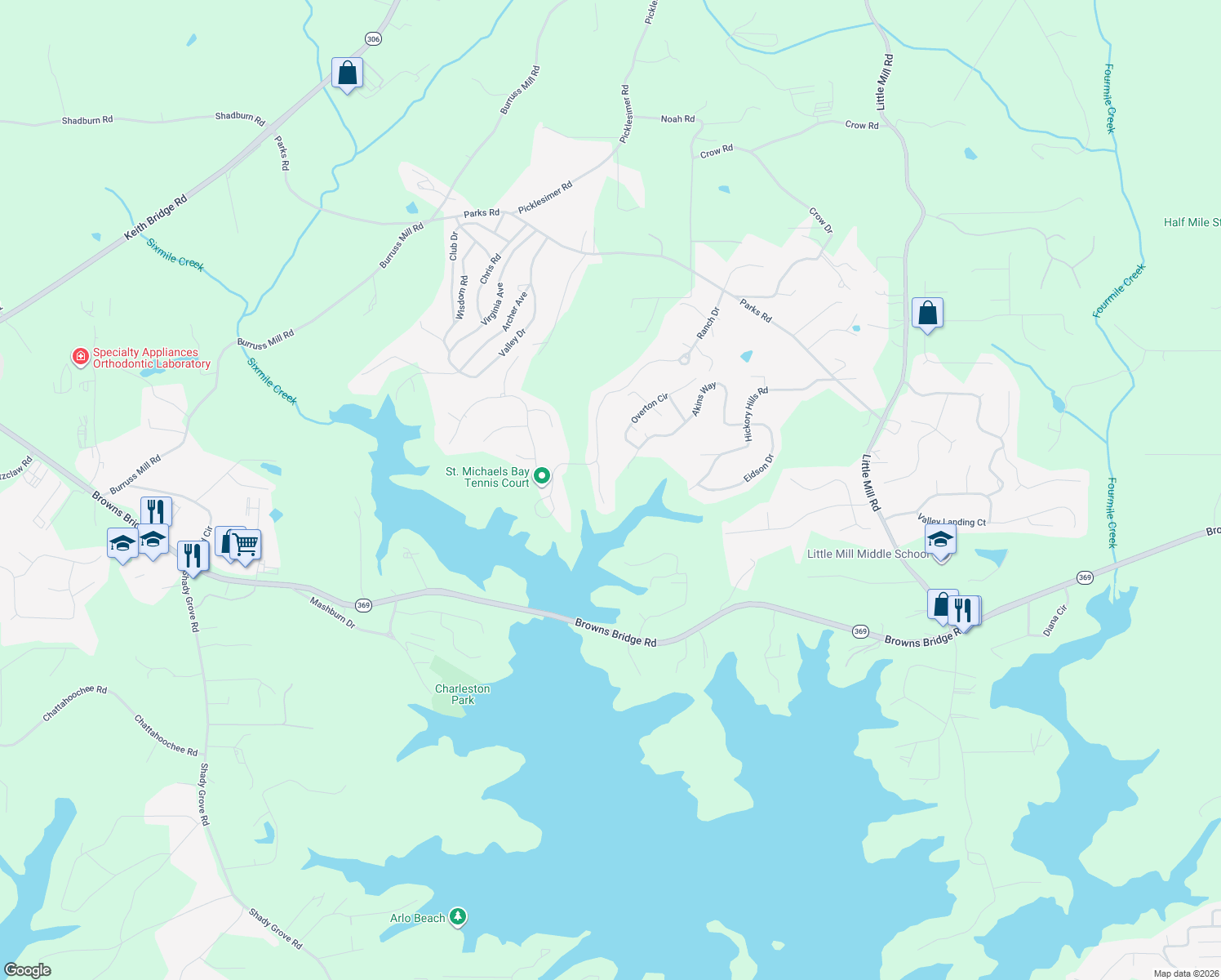 map of restaurants, bars, coffee shops, grocery stores, and more near 6045 Anchorage Quay in Cumming