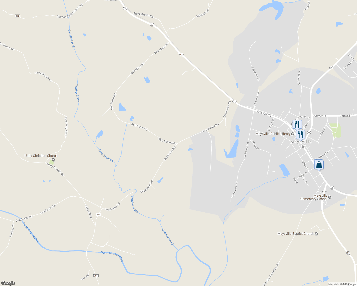 map of restaurants, bars, coffee shops, grocery stores, and more near 739 Deadwyler Road in Maysville