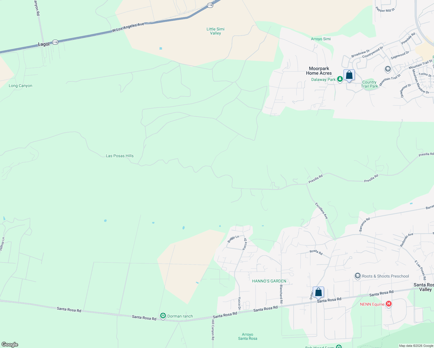 map of restaurants, bars, coffee shops, grocery stores, and more near 10255 Presilla Road in Santa Rosa Valley