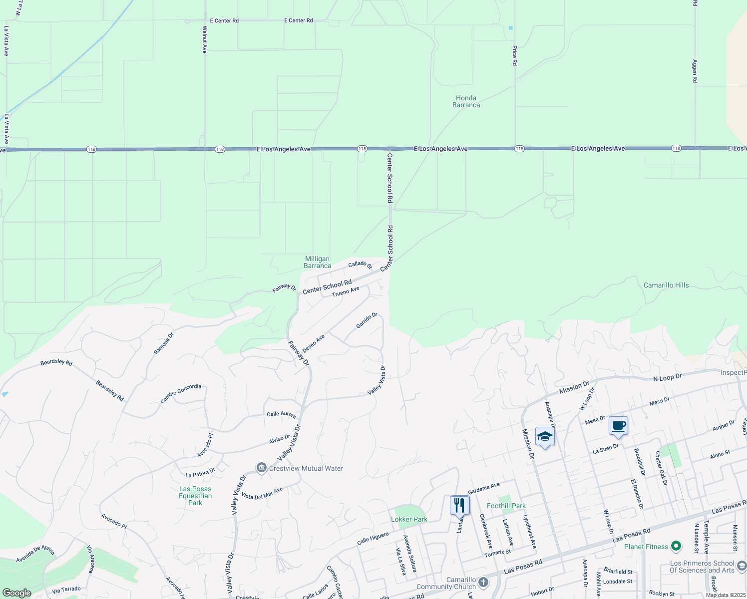 map of restaurants, bars, coffee shops, grocery stores, and more near 1074 Deseo Avenue in Camarillo