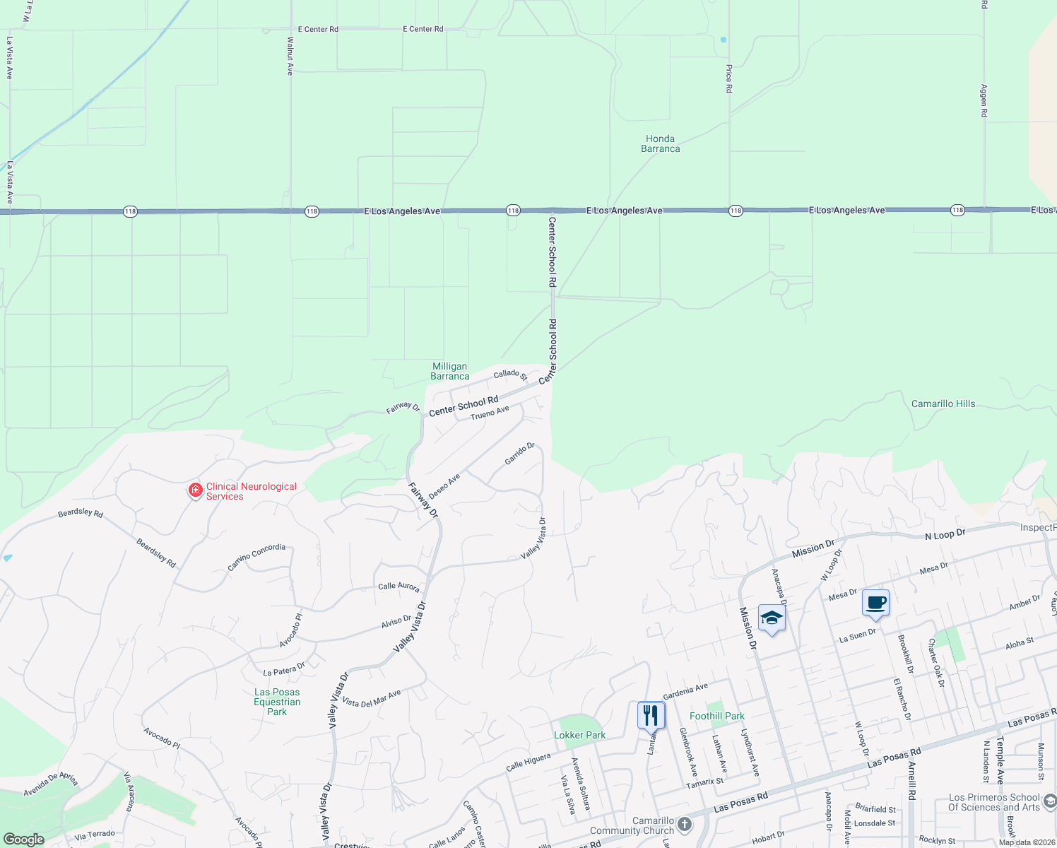 map of restaurants, bars, coffee shops, grocery stores, and more near 1074 Deseo Avenue in Camarillo
