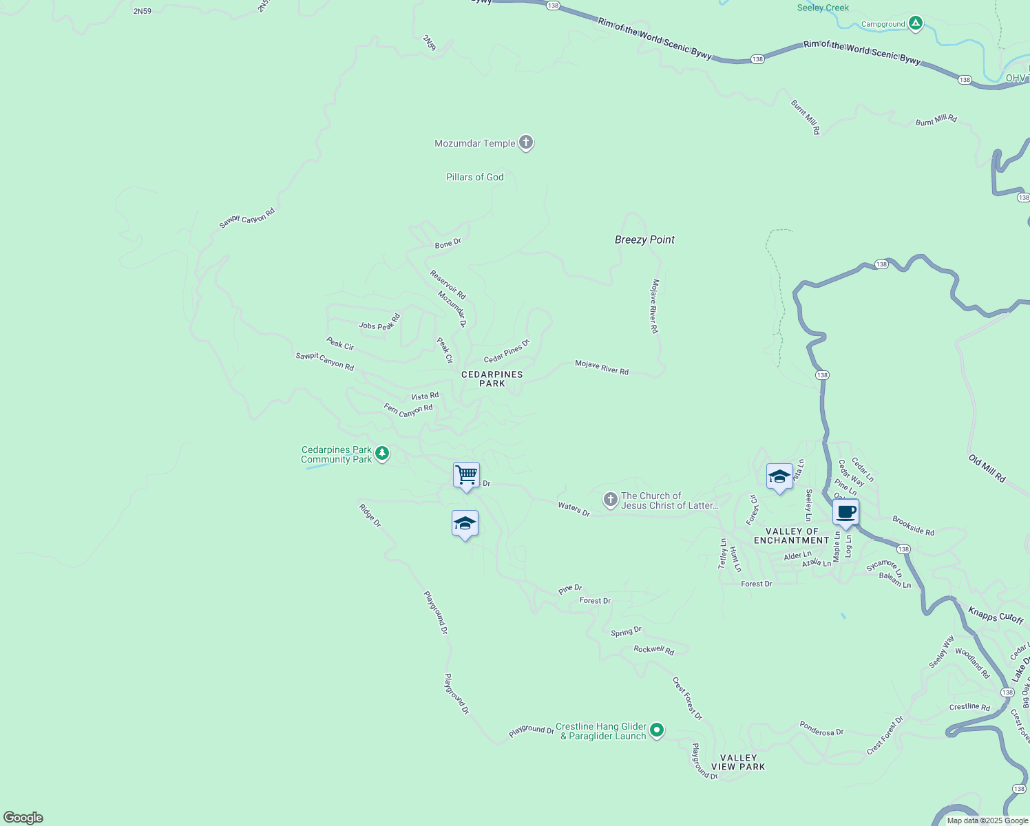 map of restaurants, bars, coffee shops, grocery stores, and more near 22052 Elliot Road in Crestline