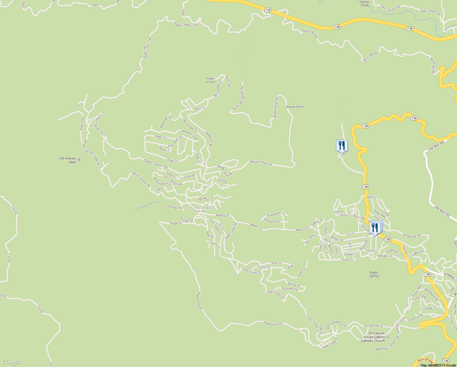 map of restaurants, bars, coffee shops, grocery stores, and more near 22052 Elliot Road in Crestline