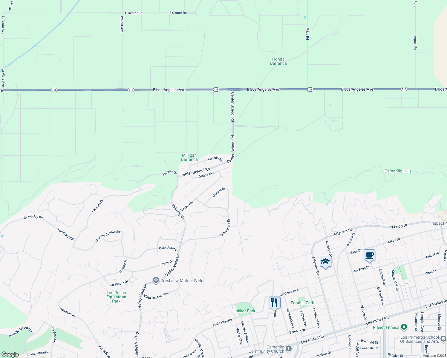 map of restaurants, bars, coffee shops, grocery stores, and more near 1074 Deseo Avenue in Camarillo