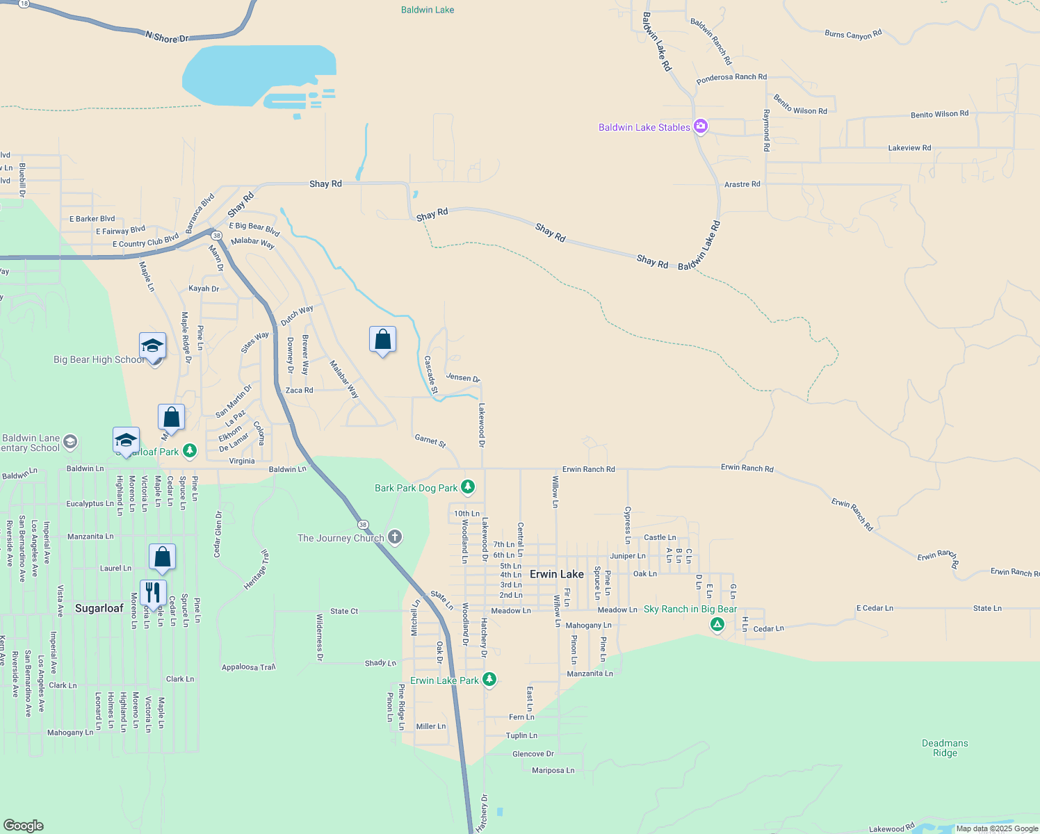map of restaurants, bars, coffee shops, grocery stores, and more near 2151 Erwin Ranch Road in Big Bear
