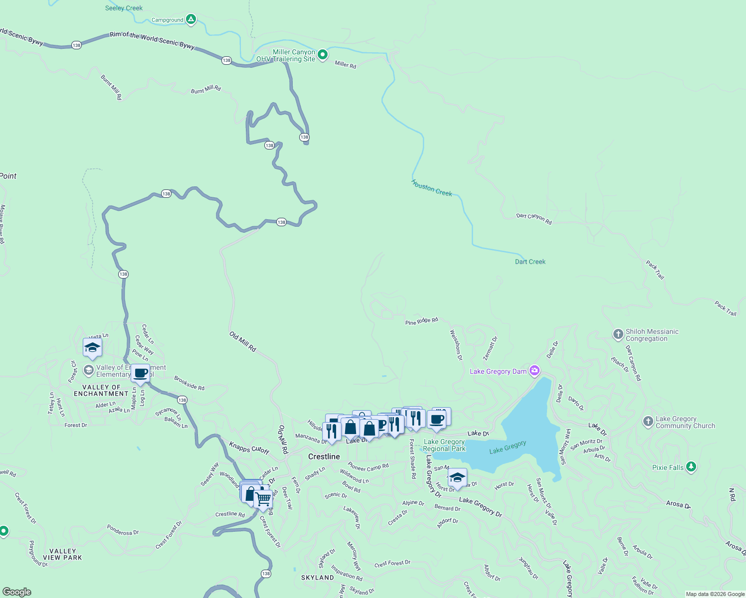 map of restaurants, bars, coffee shops, grocery stores, and more near 152 Pinon Place in Crestline
