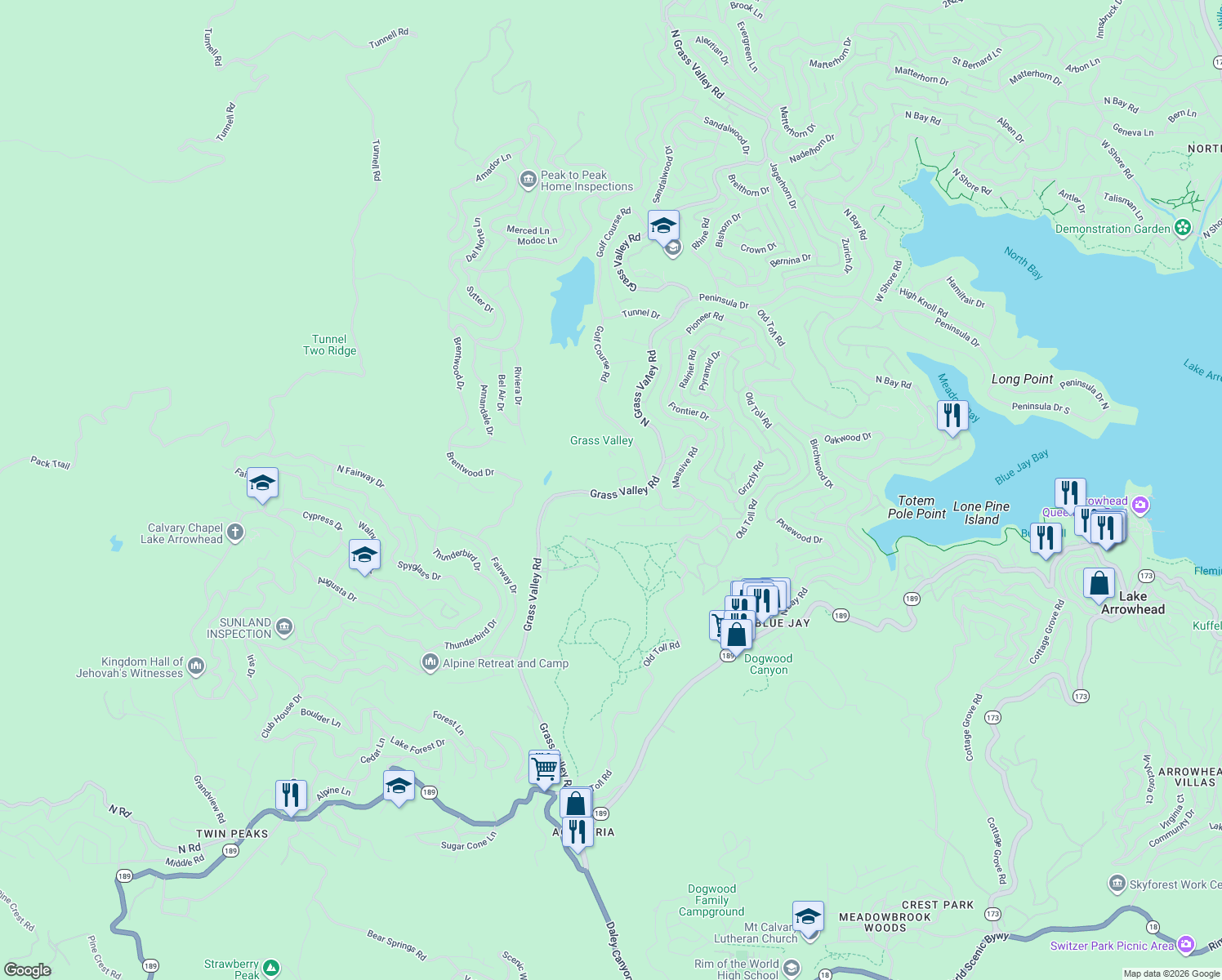 map of restaurants, bars, coffee shops, grocery stores, and more near 26924 Huron Road in Lake Arrowhead