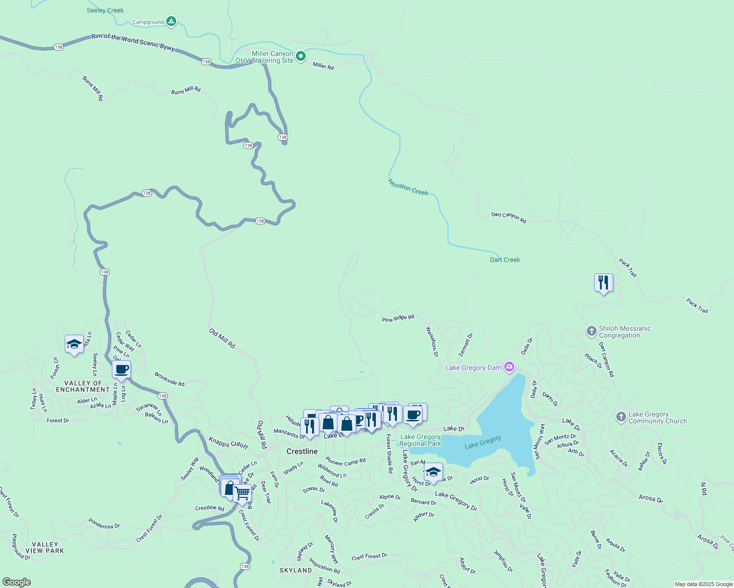 map of restaurants, bars, coffee shops, grocery stores, and more near 23995 Fern Glen Road in Crestline
