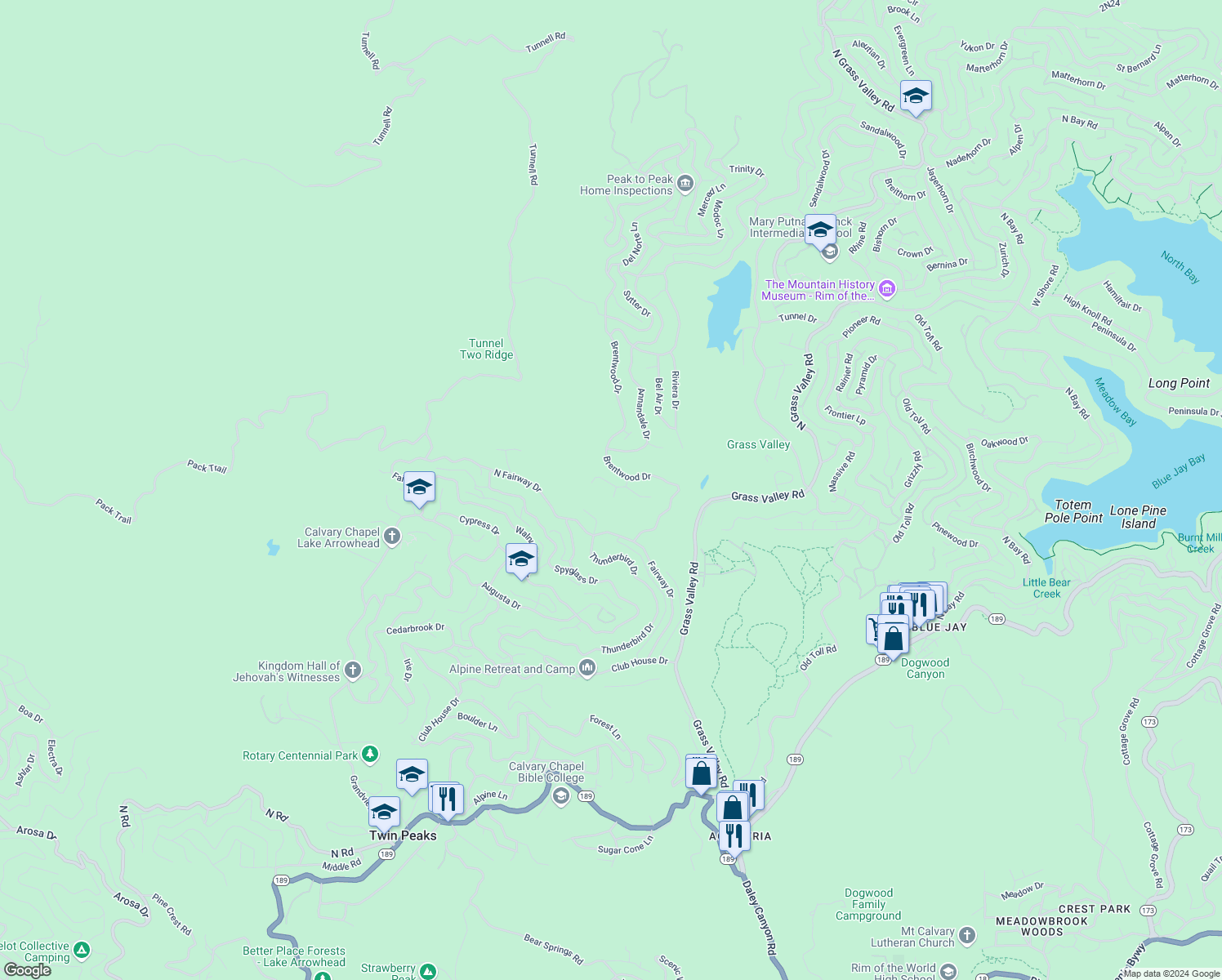 map of restaurants, bars, coffee shops, grocery stores, and more near 196 Hillcrest Court in Lake Arrowhead