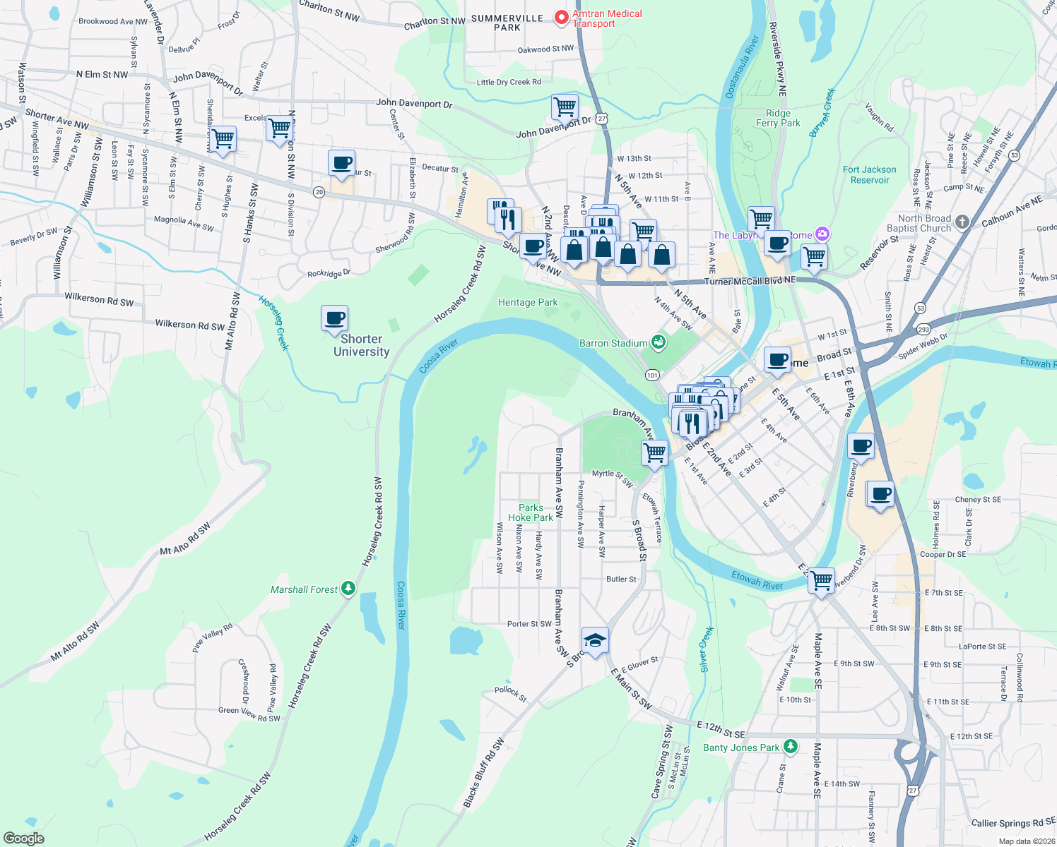 map of restaurants, bars, coffee shops, grocery stores, and more near 18 Club View Drive Southeast in Rome
