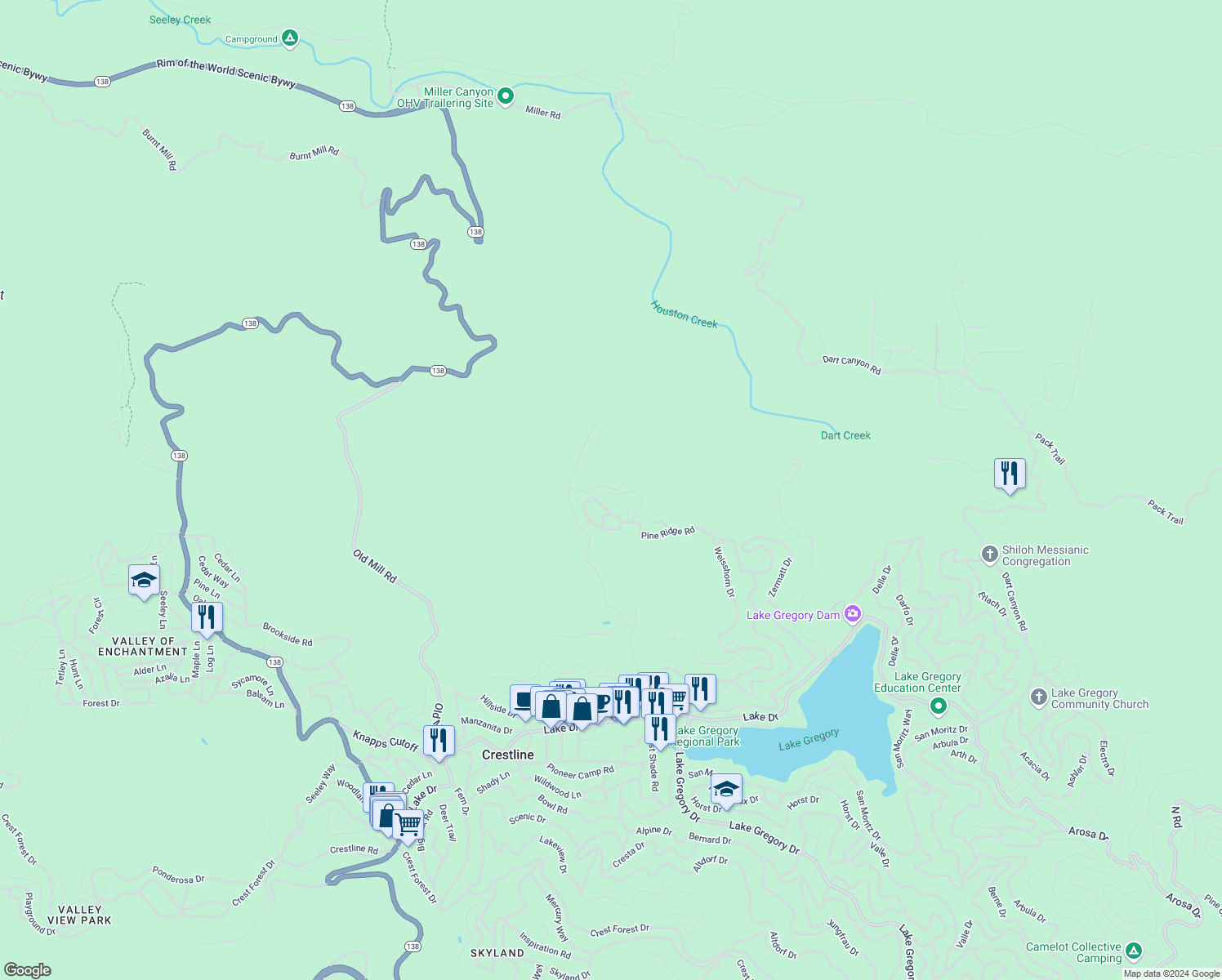 map of restaurants, bars, coffee shops, grocery stores, and more near 23995 Fern Glen Road in Crestline