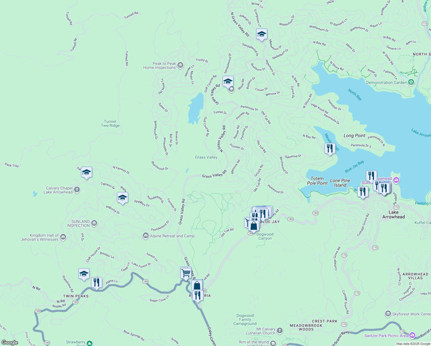 map of restaurants, bars, coffee shops, grocery stores, and more near 180 Grass Valley Road in Lake Arrowhead
