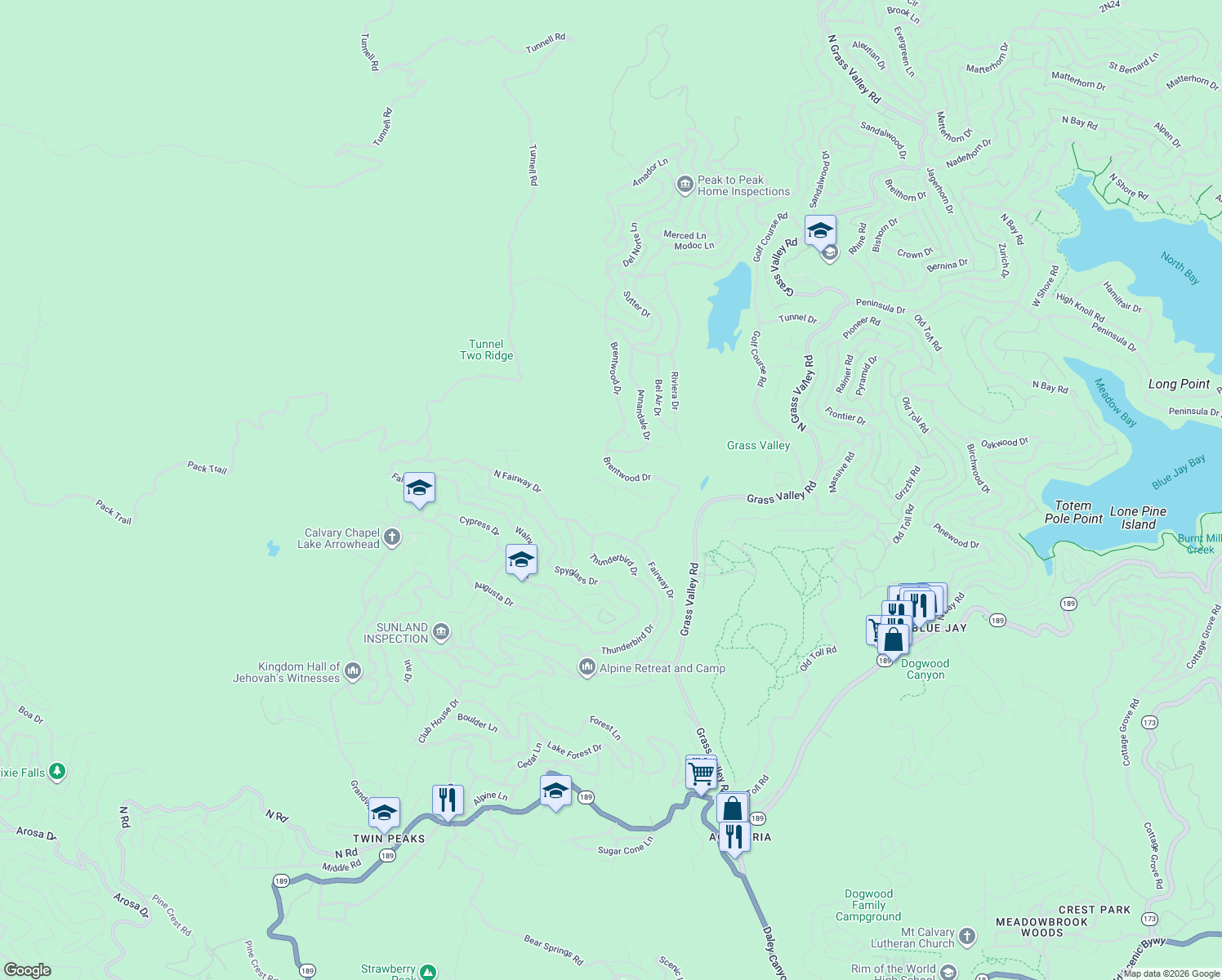 map of restaurants, bars, coffee shops, grocery stores, and more near 196 Hillcrest Court in Lake Arrowhead
