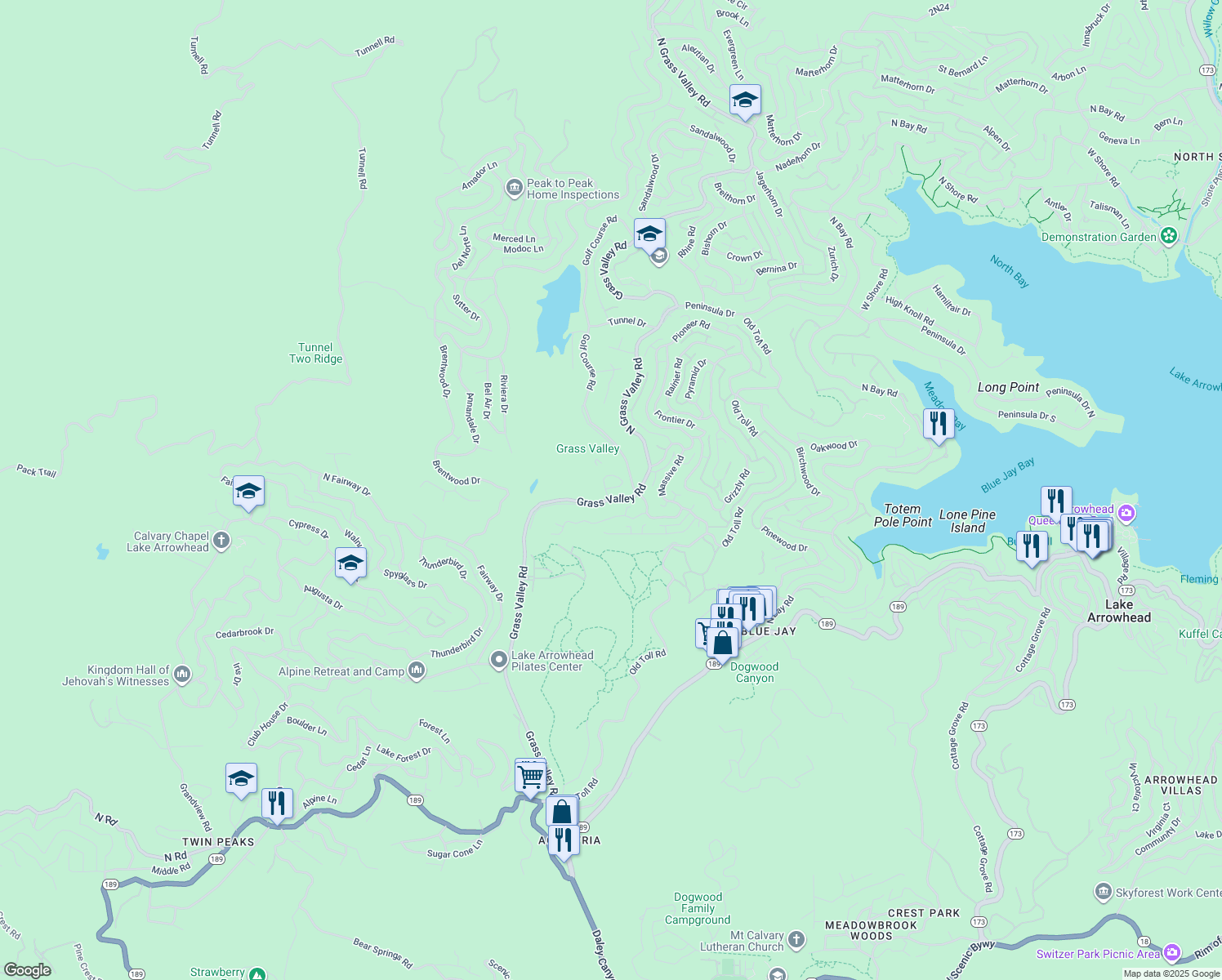 map of restaurants, bars, coffee shops, grocery stores, and more near 180 Grass Valley Road in Lake Arrowhead