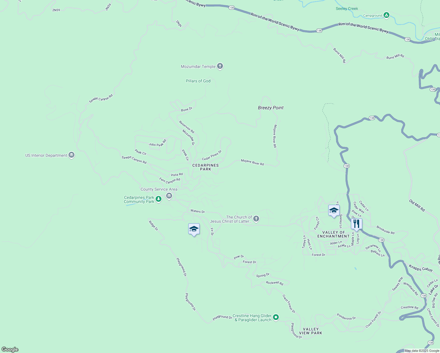 map of restaurants, bars, coffee shops, grocery stores, and more near Tower Heights Road in Crestline