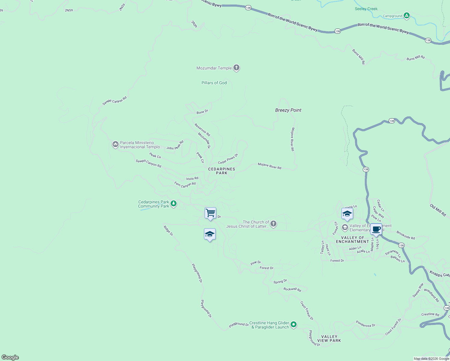 map of restaurants, bars, coffee shops, grocery stores, and more near 22025 Mojave River Road in Crestline