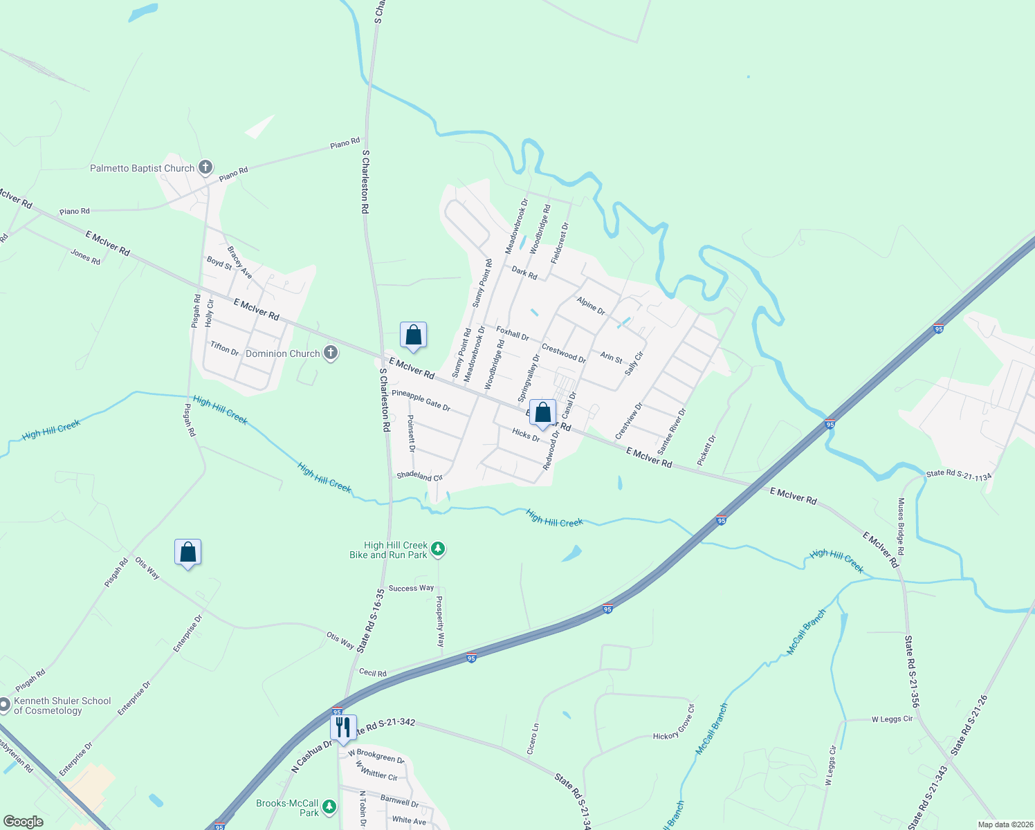 map of restaurants, bars, coffee shops, grocery stores, and more near 1549 East McIver Road in Florence