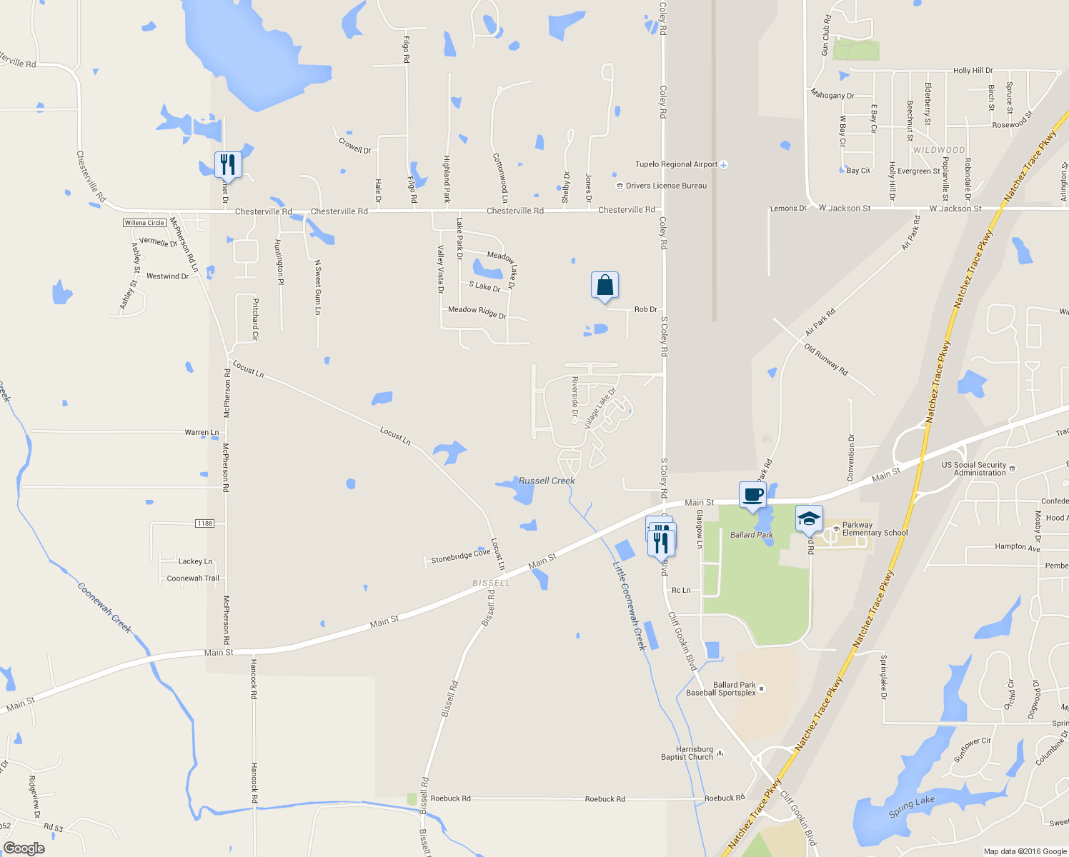 map of restaurants, bars, coffee shops, grocery stores, and more near 199 Silver Tree Crossing in Tupelo